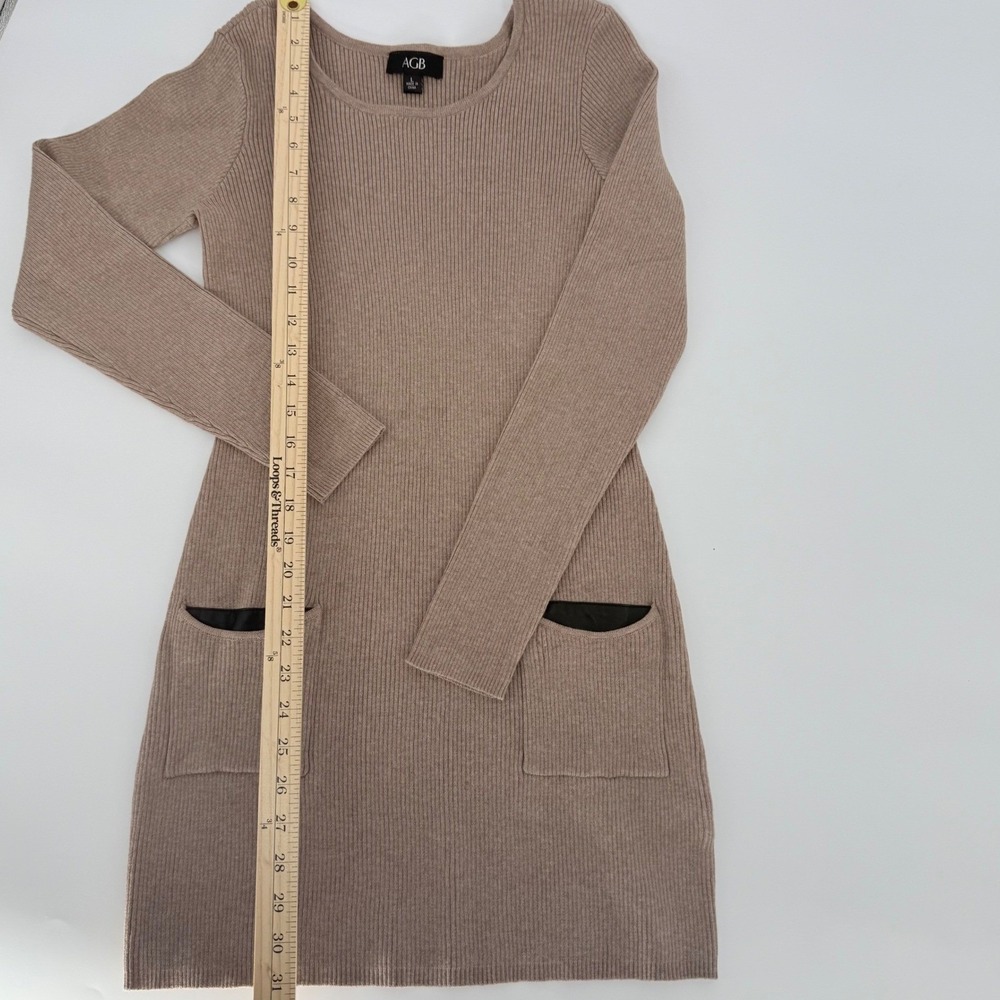 AGB Ribbed Long Sleeve Sweater Dress with Faux Leather Pockets Tan Size L - Picture 10 of 10